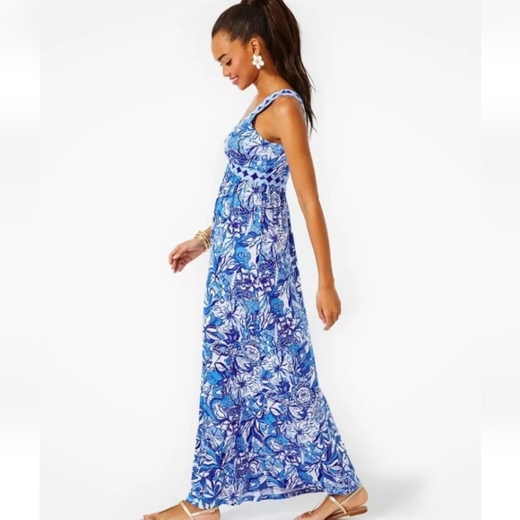 NWT Lilly Pulitzer Serena V-neck Maxi Dress Blue Tang Flocking Fabulous Size 10 - Picture 3 of 6